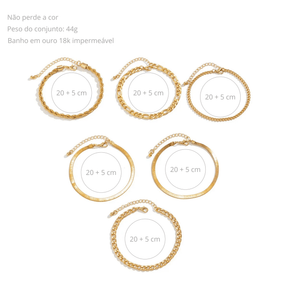 Conjunto de 6 Tornozeleiras banhadas em Ouro 18k | Compre 3 Leve 6