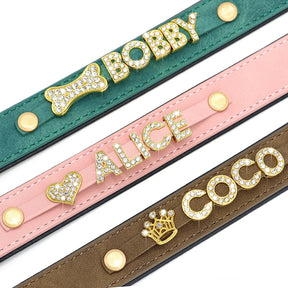 Coleira de couro personalizada para cães, nome personalizado, strass brilhante, colar para animais de estimação, nome diy, pata de osso grátis, pingente de coração