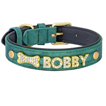 Coleira de couro personalizada para cães, nome personalizado, strass brilhante, colar para animais de estimação, nome diy, pata de osso grátis, pingente de coração