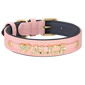 Coleira de couro personalizada para cães, nome personalizado, strass brilhante, colar para animais de estimação, nome diy, pata de osso grátis, pingente de coração