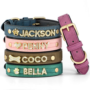 Coleira de couro personalizada para cães, nome personalizado, strass brilhante, colar para animais de estimação, nome diy, pata de osso grátis, pingente de coração